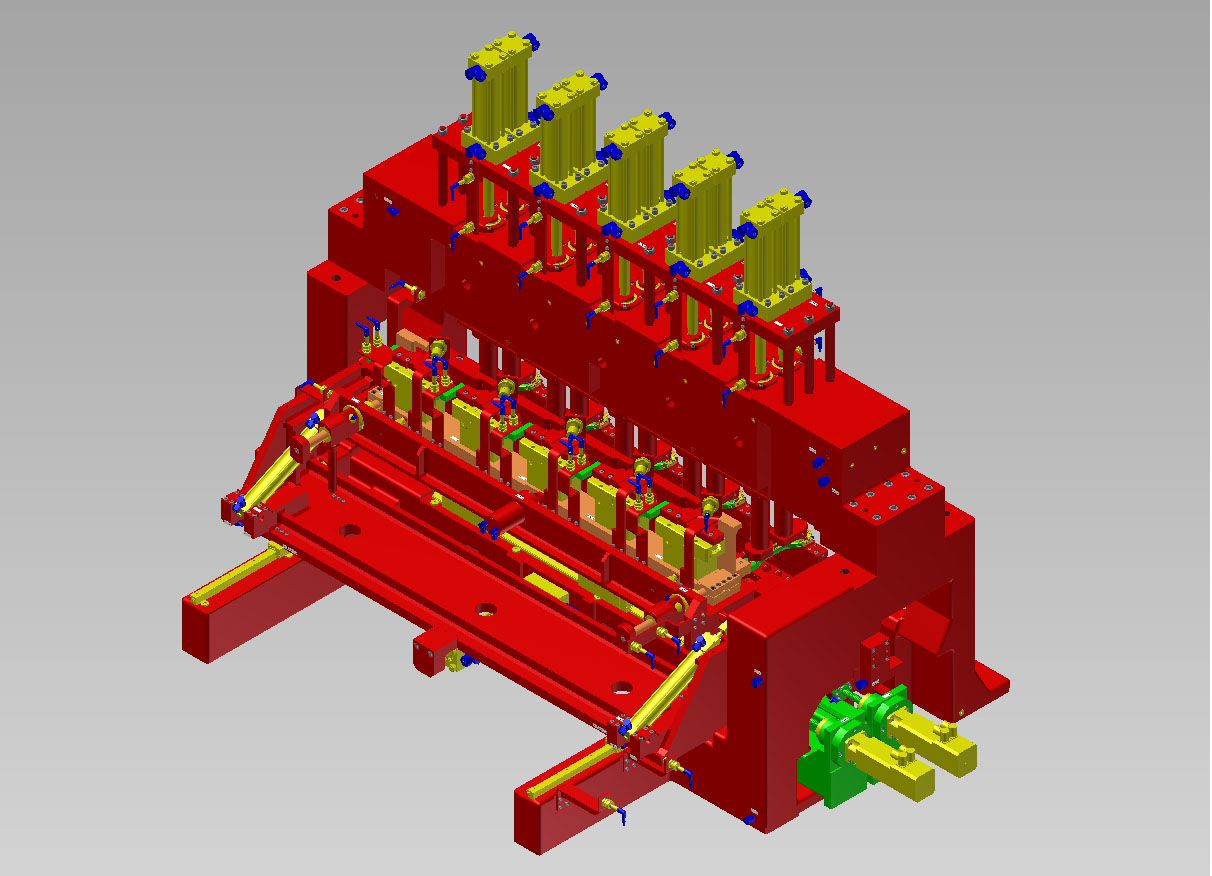 Vorrichtung zur Bearbeitung von Pleuel, 5- fach Spannung mit integriertem Handlingsystem und 2 NC- Achsen zum Verstellen des Augen- Abstandes